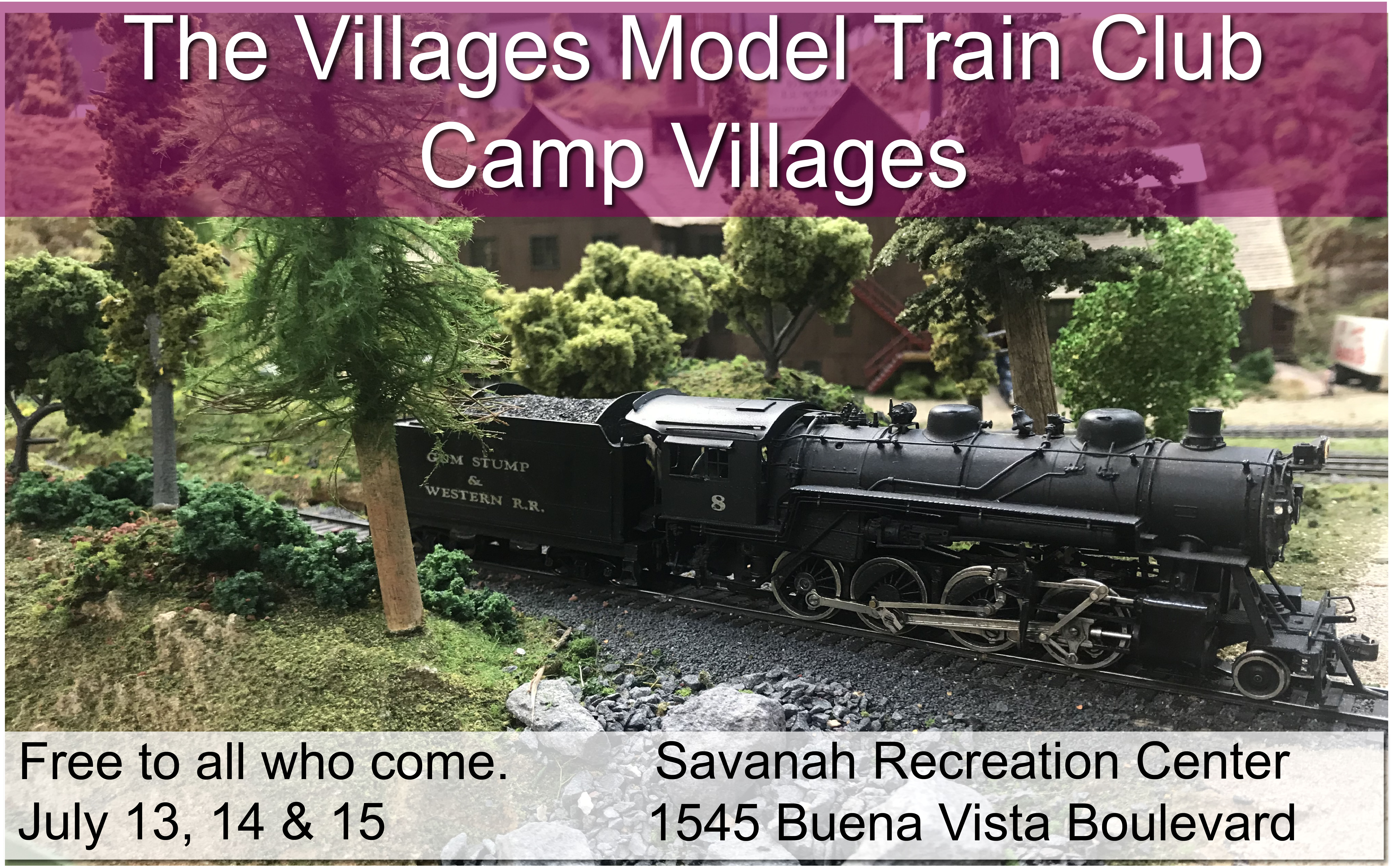 alt="The Villages Model Train Club 2025 Christmas Show poster featuring Santa on a red steam train in snowy holiday scene, free train show December 11–14 at Colony Rec Center, The Villages FL"